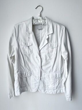 Caslon Women's White Button Up Blazer Jacket Linen Cotton Blend Size MP